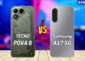 Perbandingan desain bodi belakang smartphone Tecno POVA 8 warna hijau mecha dengan Samsung Galaxy A17 5G warna perak yang elegan.