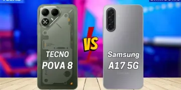 Perbandingan desain bodi belakang smartphone Tecno POVA 8 warna hijau mecha dengan Samsung Galaxy A17 5G warna perak yang elegan.