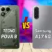 Perbandingan desain bodi belakang smartphone Tecno POVA 8 warna hijau mecha dengan Samsung Galaxy A17 5G warna perak yang elegan.