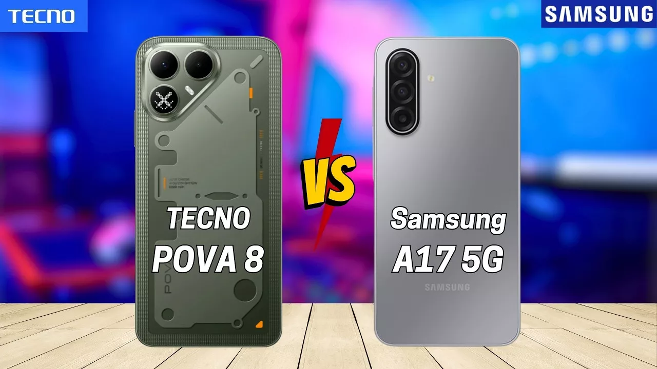 Perbandingan desain bodi belakang smartphone Tecno POVA 8 warna hijau mecha dengan Samsung Galaxy A17 5G warna perak yang elegan.