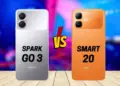 Tecno Spark Go 3 dan Infinix Smart 20 disejajarkan di atas permukaan bermotif lantai kayu dengan logo VS petir merah di tengahnya.