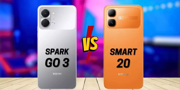Tecno Spark Go 3 dan Infinix Smart 20 disejajarkan di atas permukaan bermotif lantai kayu dengan logo VS petir merah di tengahnya.