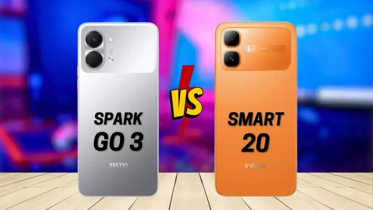 Tecno Spark Go 3 dan Infinix Smart 20 disejajarkan di atas permukaan bermotif lantai kayu dengan logo VS petir merah di tengahnya.