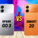 Tecno Spark Go 3 dan Infinix Smart 20 disejajarkan di atas permukaan bermotif lantai kayu dengan logo VS petir merah di tengahnya.