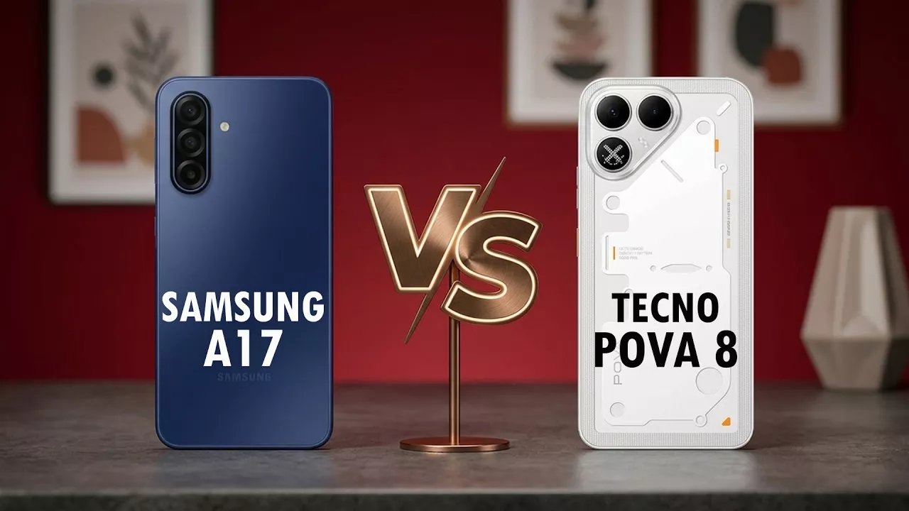 Bodi belakang Samsung Galaxy A17 berwarna biru navy bersanding dengan Tecno POVA 8 warna putih dengan logo VS emas di tengahnya.