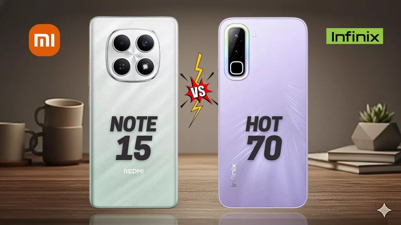 Perbandingan desain bodi belakang Redmi Note 15 4G berwarna putih marmer dan Infinix Hot 70 berwarna ungu dengan teks penanda model di atas meja kayu.