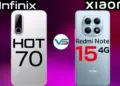 Komparasi casing belakang smartphone Infinix Hot 70 warna putih keperakan bersanding dengan Redmi Note 15 4G warna biru muda dengan latar belakang gradasi ungu gelap.