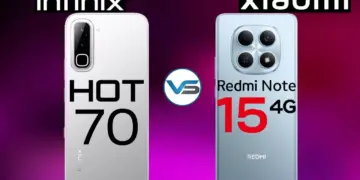 Komparasi casing belakang smartphone Infinix Hot 70 warna putih keperakan bersanding dengan Redmi Note 15 4G warna biru muda dengan latar belakang gradasi ungu gelap.