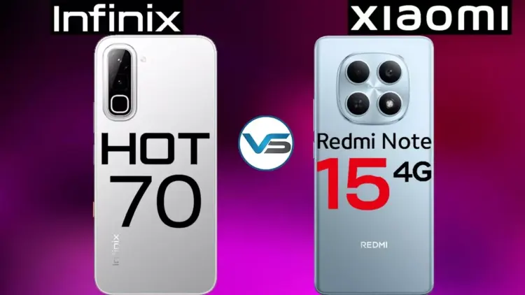 Komparasi casing belakang smartphone Infinix Hot 70 warna putih keperakan bersanding dengan Redmi Note 15 4G warna biru muda dengan latar belakang gradasi ungu gelap.