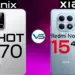 Komparasi casing belakang smartphone Infinix Hot 70 warna putih keperakan bersanding dengan Redmi Note 15 4G warna biru muda dengan latar belakang gradasi ungu gelap.
