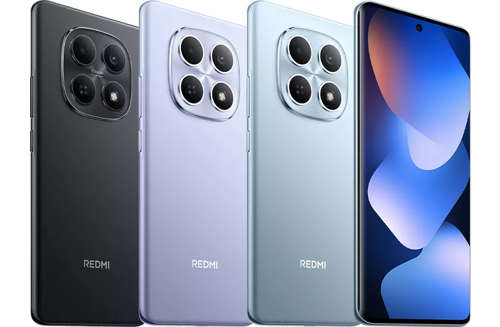 Varian warna resmi Redmi Note 15 4G hitam, ungu, biru muda, serta tampilan layar depan punch-hole dengan bezel tipis.
