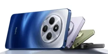 Tampilan varian bodi belakang Redmi 14C warna Starry Blue dengan modul kamera lingkaran besar, bersanding dengan warna ungu, hijau, dan hitam.