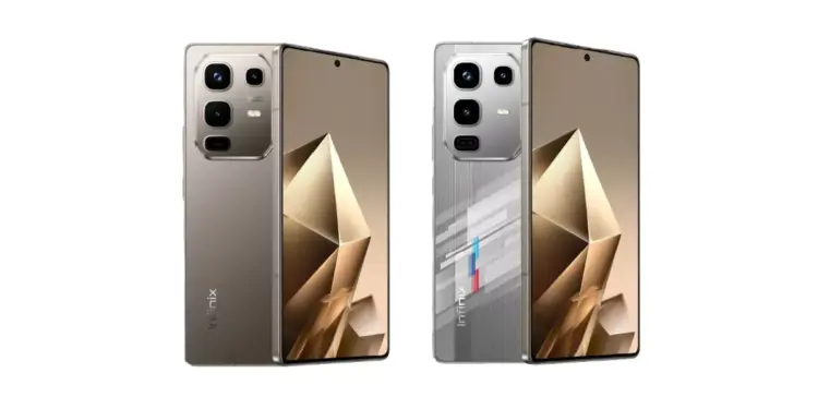 Dua unit HP Infinix terbaru tampak depan dan belakang dalam varian warna emas mewah serta edisi perak bernuansa sirkuit balap.