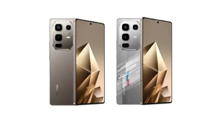 Dua unit HP Infinix terbaru tampak depan dan belakang dalam varian warna emas mewah serta edisi perak bernuansa sirkuit balap.