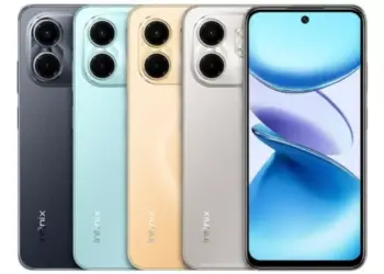 Varian warna HP Infinix 1 jutaan Hot Series hitam, biru muda, emas, dan perak beserta tampilan layar depannya.