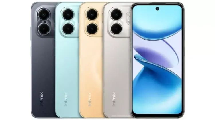 Varian warna HP Infinix 1 jutaan Hot Series hitam, biru muda, emas, dan perak beserta tampilan layar depannya.