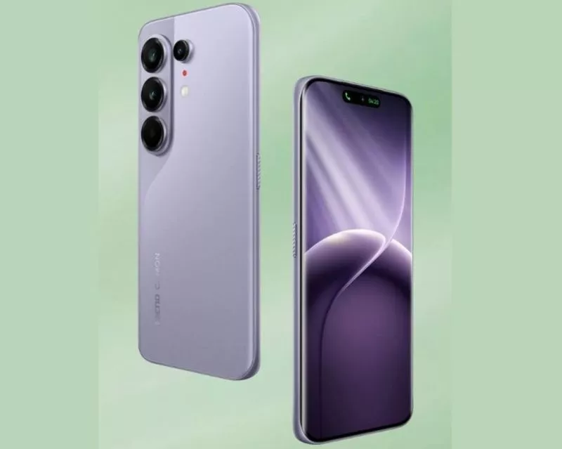 Smartphone Tecno Camon 50 Ultra 5G varian warna ungu tampak dari sudut estetik.