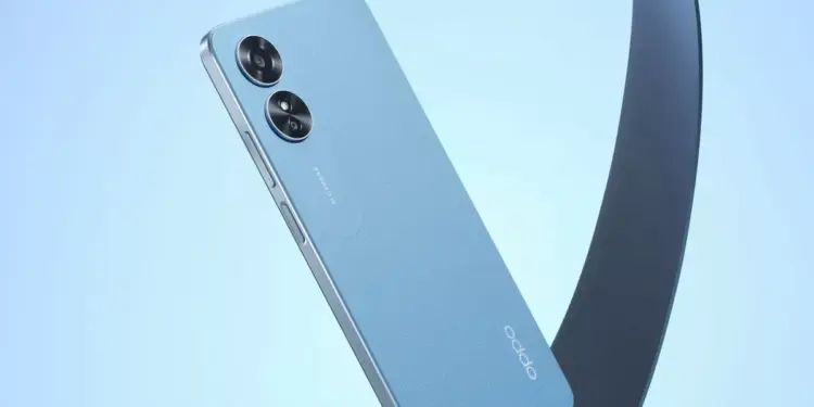 Bagian belakang HP OPPO 2 jutaan warna biru muda bertekstur dengan dua lingkaran kamera AI.