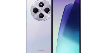Tampilan depan dan belakang Redmi 14C varian warna ungu, pilihan HP internal 128GB murah terbaik.