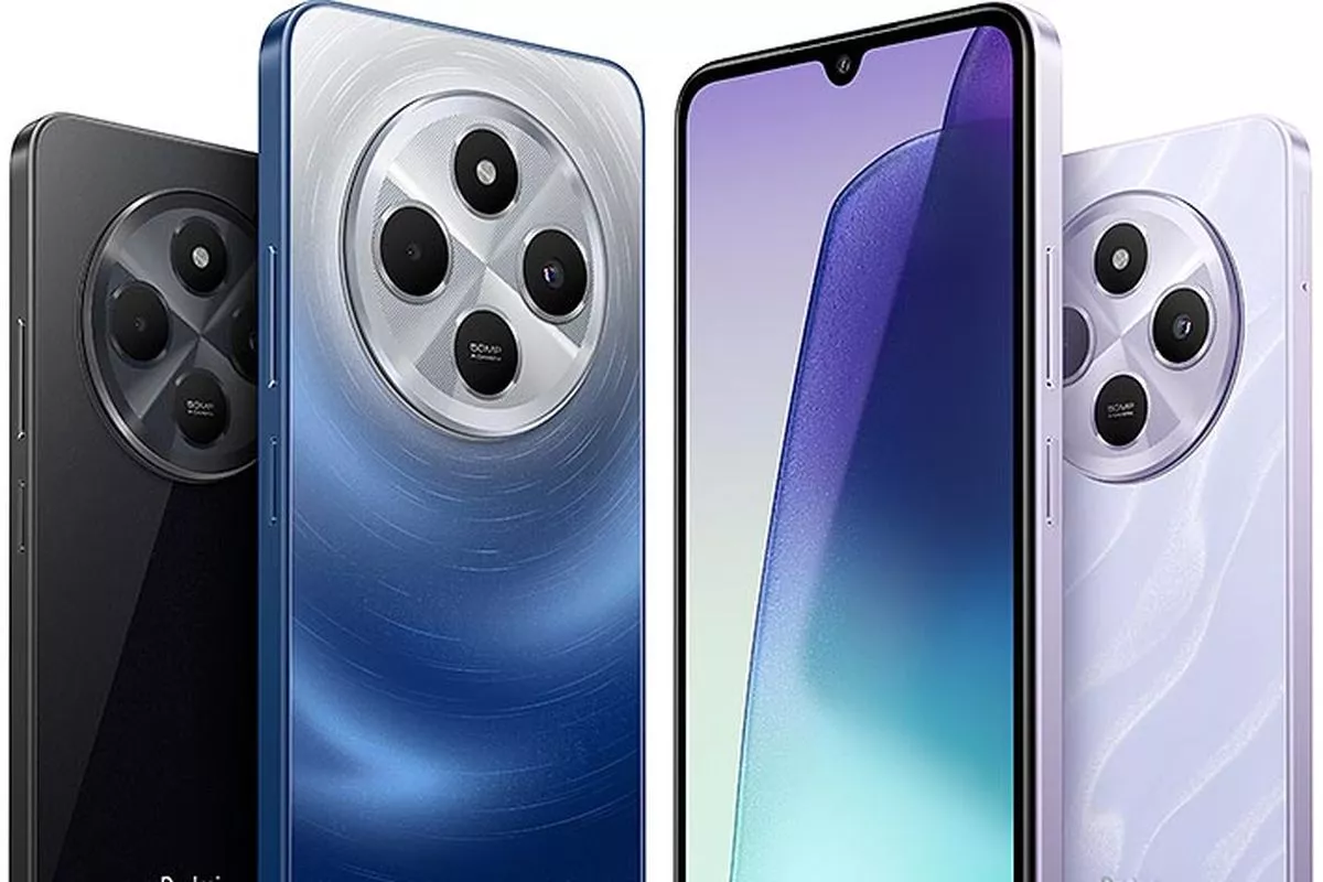 Desain depan punch-hole dan varian warna bodi belakang hitam, biru, serta ungu dari HP murah Redmi 14C.