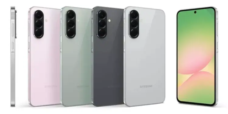 Render resmi HP Samsung Galaxy terbaru dari tampak samping, belakang dengan berbagai warna, hingga tampilan layar depan yang responsif.