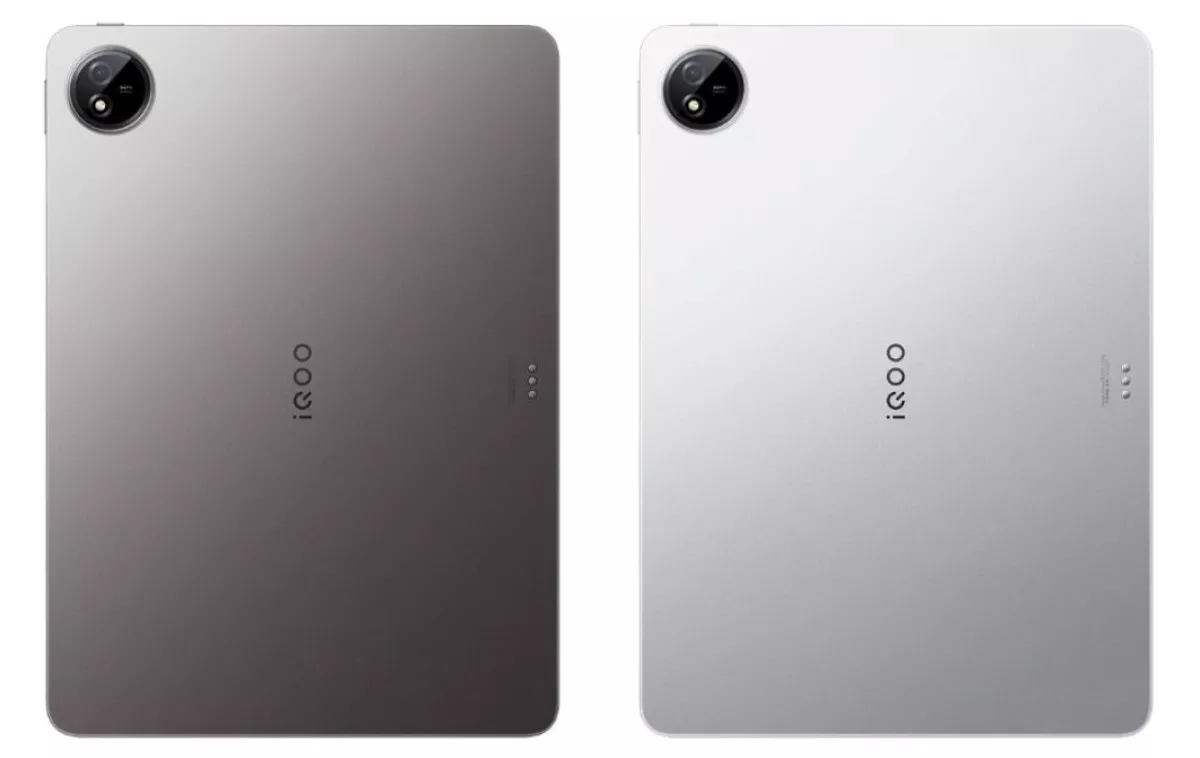 Perbandingan dua pilihan warna resmi iQOO Pad 5c, menampilkan varian abu-abu gelap (dark grey) dan perak cerah (silver).