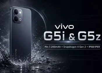 Poster fitur spesifikasi Vivo G5i dan G5z dengan keunggulan baterai 7.200mAh, Snapdragon 4 Gen 2, dan sertifikasi IP68/IP69.