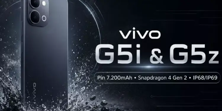Poster fitur spesifikasi Vivo G5i dan G5z dengan keunggulan baterai 7.200mAh, Snapdragon 4 Gen 2, dan sertifikasi IP68/IP69.