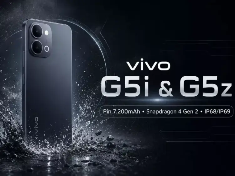 Poster fitur spesifikasi Vivo G5i dan G5z dengan keunggulan baterai 7.200mAh, Snapdragon 4 Gen 2, dan sertifikasi IP68/IP69.