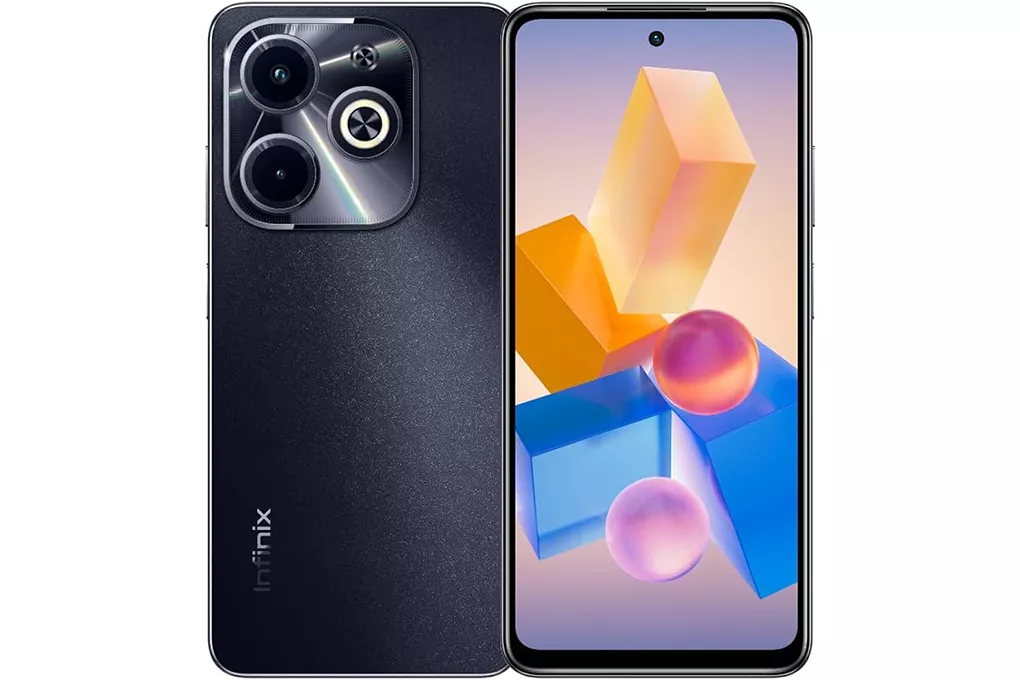 Tampilan depan dan belakang HP Infinix 1 jutaan warna hitam berkilau dengan modul kamera besar dan ring light.