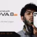 Banner promosi Tecno Pova 8 5G menampilkan seorang pria bermodel rambut ikal mengenakan kostum pelindung leher futuristik mecha sambil memegang smartphone.