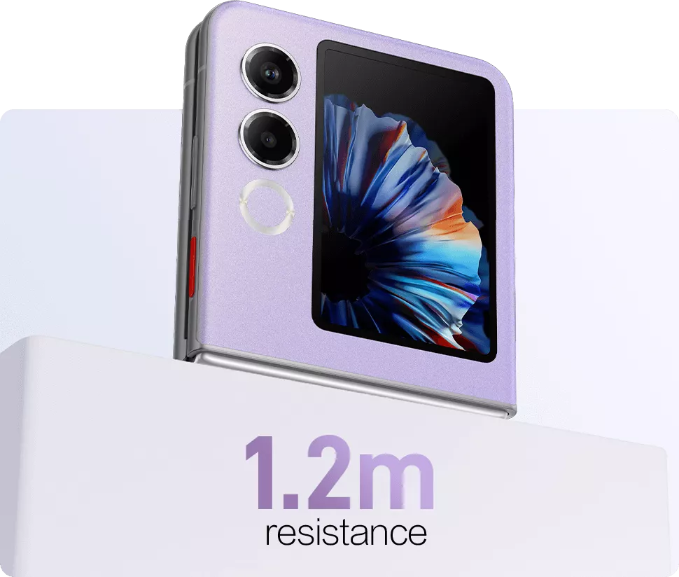 HP lipat murah Tecno Phantom V Flip warna ungu dengan klaim ketahanan jatuh 1.2 meter