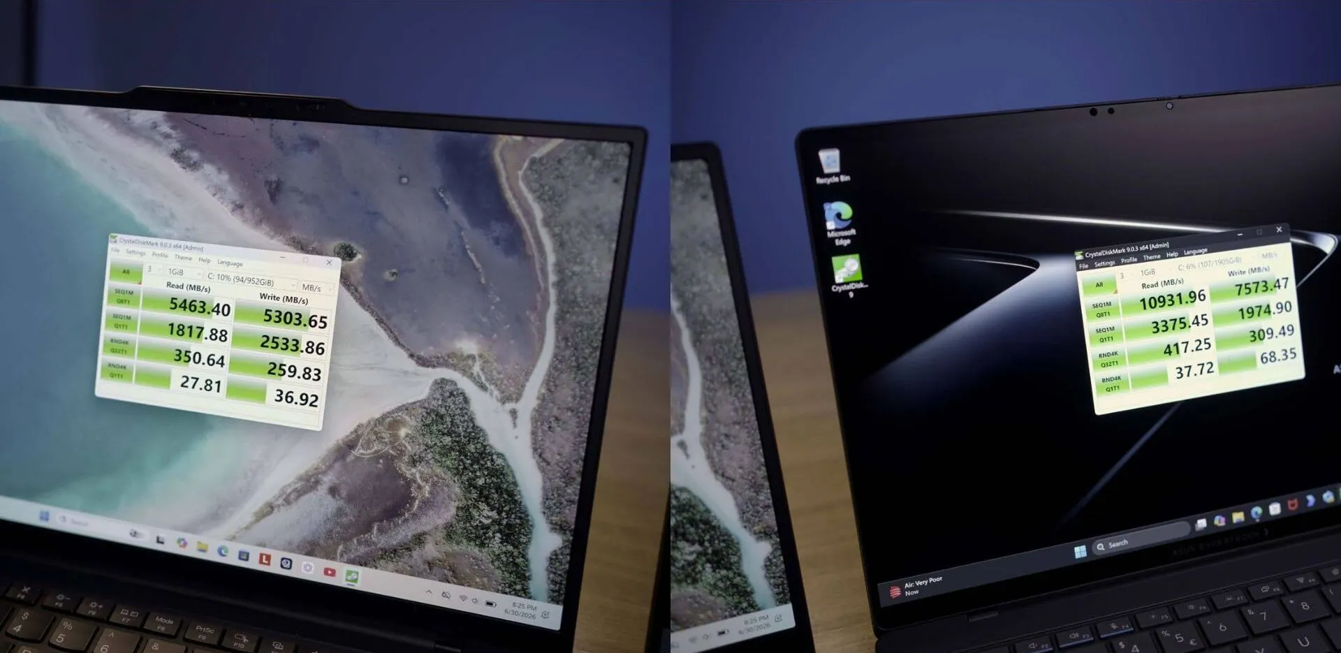 Hasil benchmark CrystalDiskMark pada ASUS ExpertBook Ultra yang menggunakan SSD PCIe Gen 5 dibandingkan dengan kecepatan storage Lenovo ThinkPad X1 Carbon.