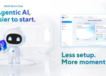 Antarmuka dashboard aplikasi ASUS Zenni Claw AI Agent dengan tampilan fitur Life Assistant dan maskot robot putih robotik.