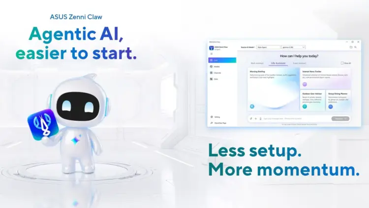 Antarmuka dashboard aplikasi ASUS Zenni Claw AI Agent dengan tampilan fitur Life Assistant dan maskot robot putih robotik.