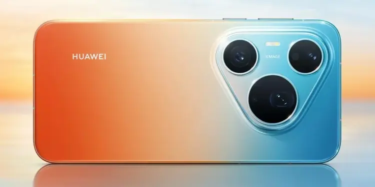Tampilan panel belakang Huawei Pura 90S dengan gradasi warna oranye ke biru laut dan modul kamera XMAGE berbentuk segitiga unik.