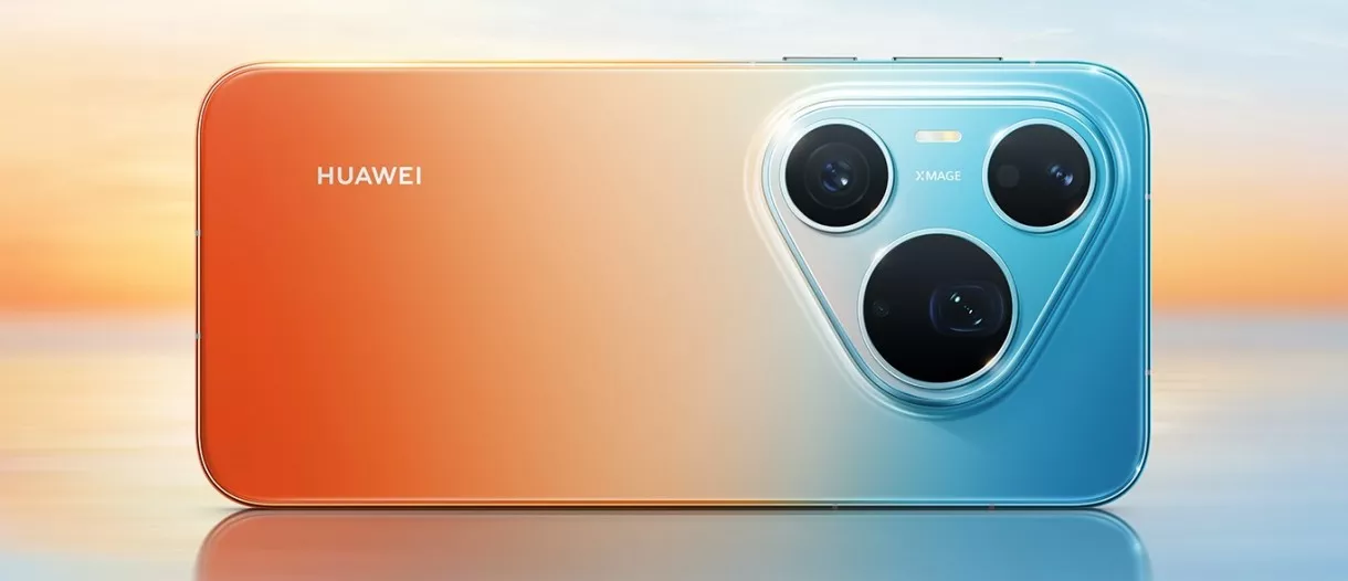 Tampilan panel belakang Huawei Pura 90S dengan gradasi warna oranye ke biru laut dan modul kamera XMAGE berbentuk segitiga unik.
