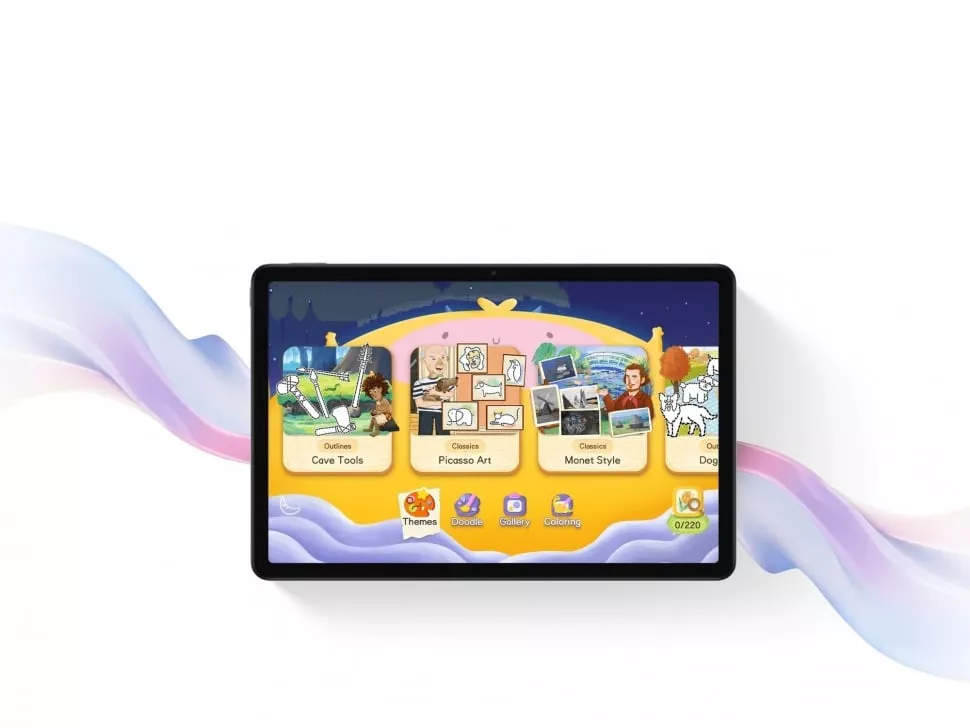 Tampilan layar tablet anak murah dengan antarmuka penuh warna yang menyediakan menu belajar seni seperti menggambar dan mewarnai bergaya Picasso dan Monet.