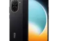 Tampilan sisi depan dan belakang smartphone POCO warna hitam dengan dual kamera ikonik.