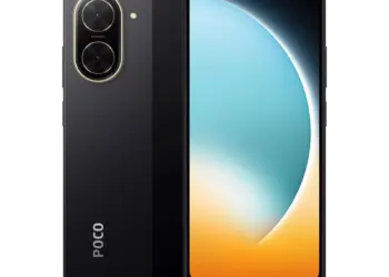 Tampilan sisi depan dan belakang smartphone POCO warna hitam dengan dual kamera ikonik.