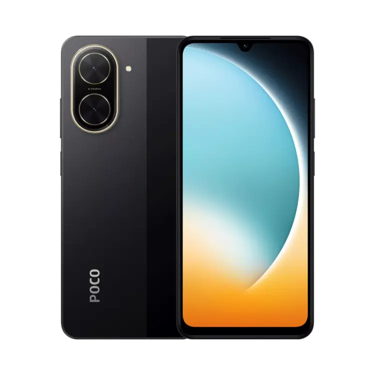 Tampilan sisi depan dan belakang smartphone POCO warna hitam dengan dual kamera ikonik.