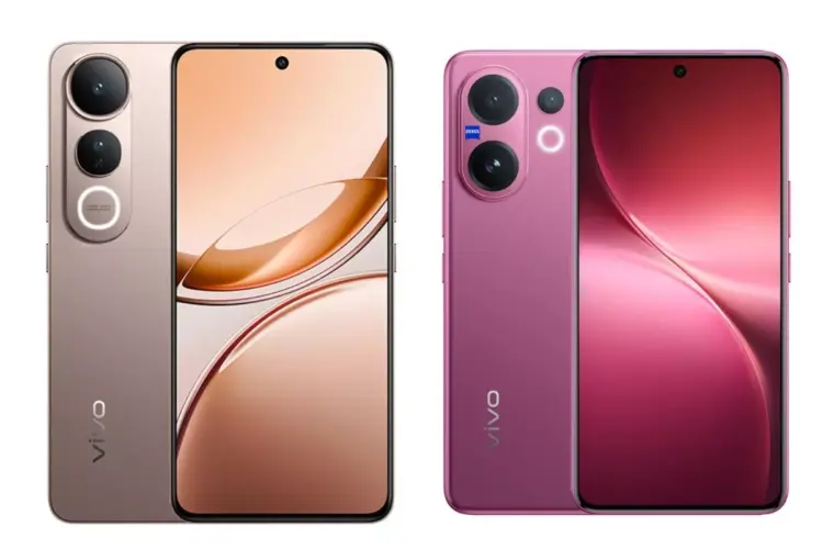 Perbandingan bodi depan dan belakang Vivo V Series warna emas kecokelatan berdampingan dengan varian warna magenta yang dilengkapi kamera ZEISS. harga HP Vivo
