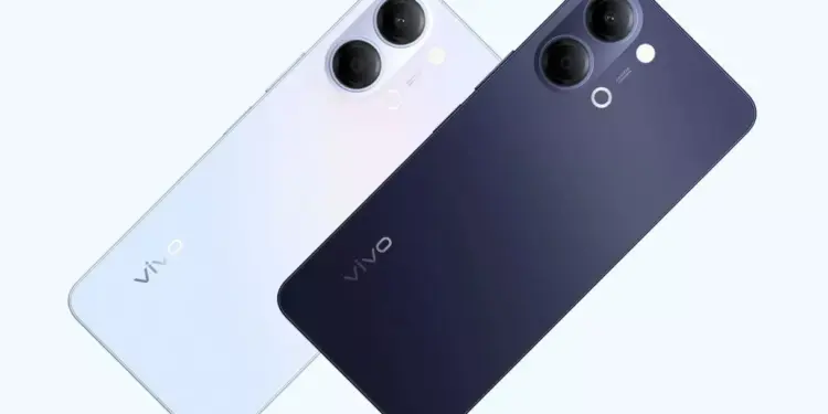 Dua pilihan warna Vivo Y05e yang menampilkan bodi belakang berkilau.