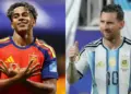Kolase foto Lamine Yamal dari timnas Spanyol dan Lionel Messi dari timnas Argentina menjelang final Piala Dunia 2026.