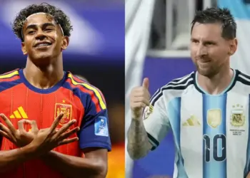 Kolase foto Lamine Yamal dari timnas Spanyol dan Lionel Messi dari timnas Argentina menjelang final Piala Dunia 2026.