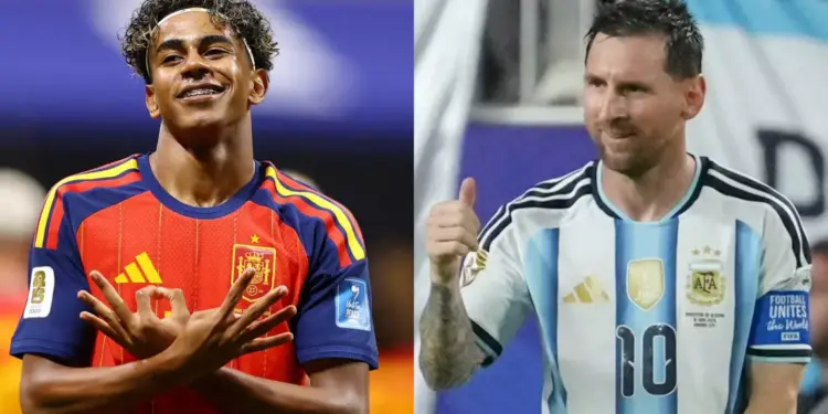 Kolase foto Lamine Yamal dari timnas Spanyol dan Lionel Messi dari timnas Argentina menjelang final Piala Dunia 2026.