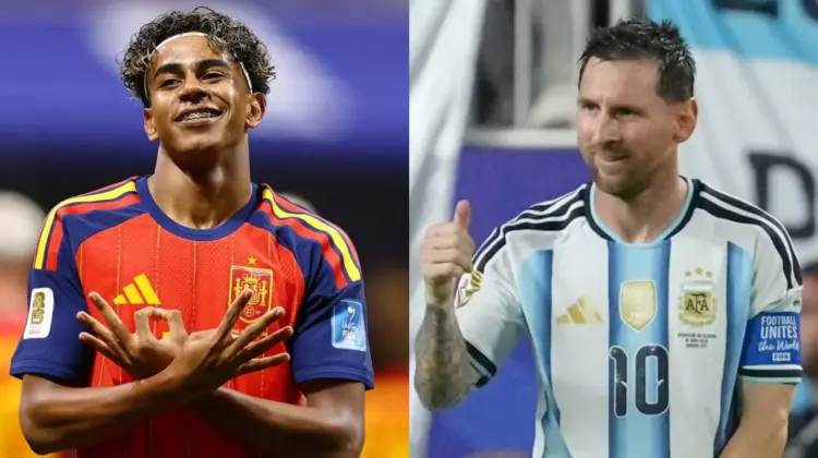 Kolase foto Lamine Yamal dari timnas Spanyol dan Lionel Messi dari timnas Argentina menjelang final Piala Dunia 2026.