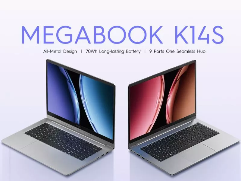 Laptop Tecno Megabook K14S dengan bodi all-metal design, baterai 70Wh, dan 9 port konektivitas.