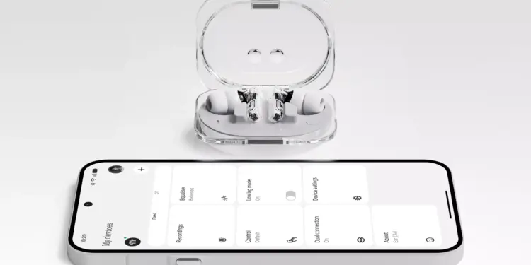 Earphone TWS Nothing Ear (3a) berwarna putih dengan casing transparan terhubung ke smartphone