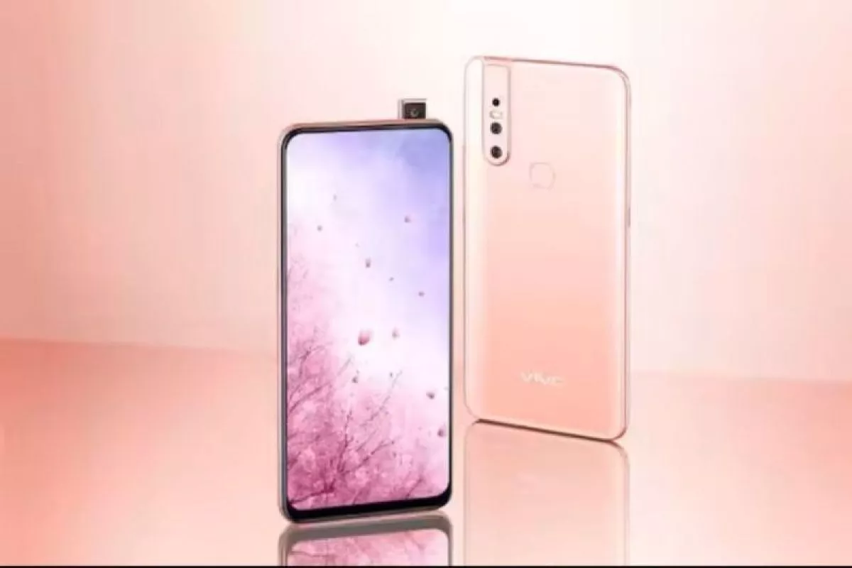 Smartphone Vivo S2 warna rose gold dengan mekanisme kamera selfie pop-up dan layar penuh.